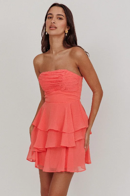 Drawstring - Waist Casual Dresses for Adjustable Tightness Veda Strapless Ruffle Mini Dress Peach Drawstring - Waist Casual Dresses for Adjustable Tightness Veda Strapless Ruffle Mini Dress Peach