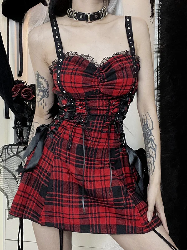 Mini dresses with abstract prints for an artistic look Red Plaid Street Goth Fairy Grunge Y2K Pleated Lace-Up Tube Lolita Eyelet Corset Mini Dress Mini dresses with abstract prints for an artistic look Red Plaid Street Goth Fairy Grunge Y2K Pleated Lace-Up Tube Lolita Eyelet Corset Mini Dress