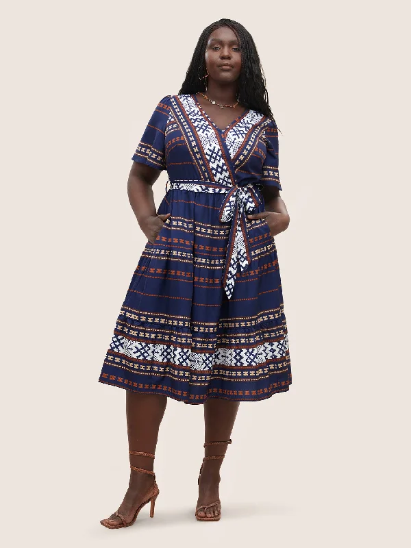 Tie - Dye Casual Dresses for a Retro Style​ Boho Print Wrap Flutter Sleeve Belted Dress