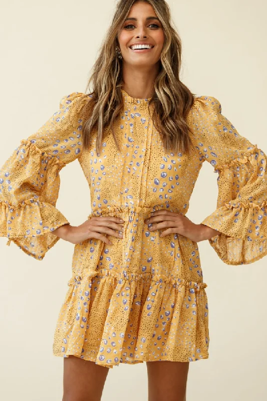 Metallic mini dresses for a glamorous event Beatrix High Neck Bell Sleeve Dress Droplet Print Yellow Metallic mini dresses for a glamorous event Beatrix High Neck Bell Sleeve Dress Droplet Print Yellow