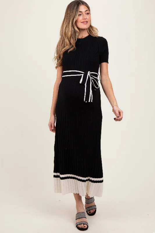 Tie - Waist Casual Dresses for Adjustable Fit Black Ribbed Knit Pleated Maternity Midi Dress Tie - Waist Casual Dresses for Adjustable Fit Black Ribbed Knit Pleated Maternity Midi Dress