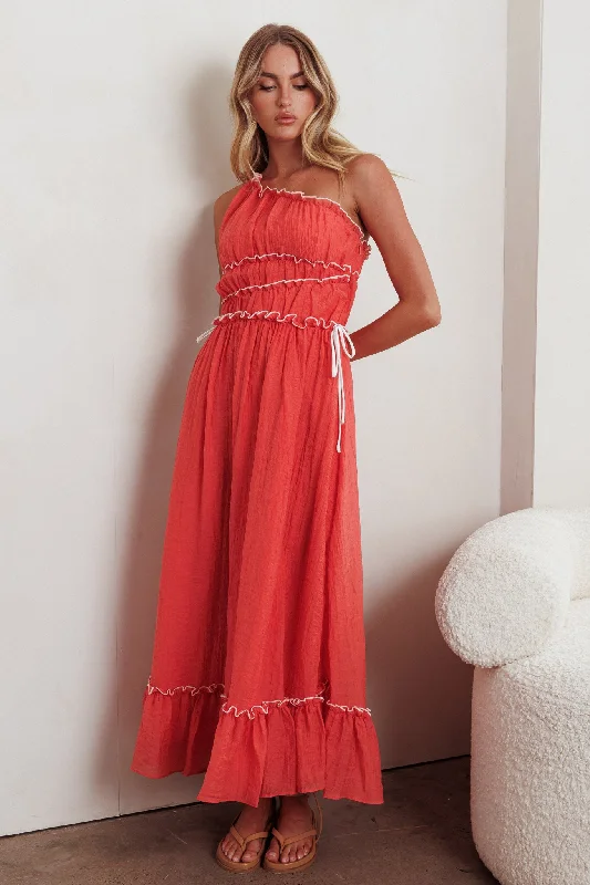 Button - Front Casual Dresses with Decorative Buttons Ballad One-Shoulder Maxi Dress Coral Button - Front Casual Dresses with Decorative Buttons Ballad One-Shoulder Maxi Dress Coral