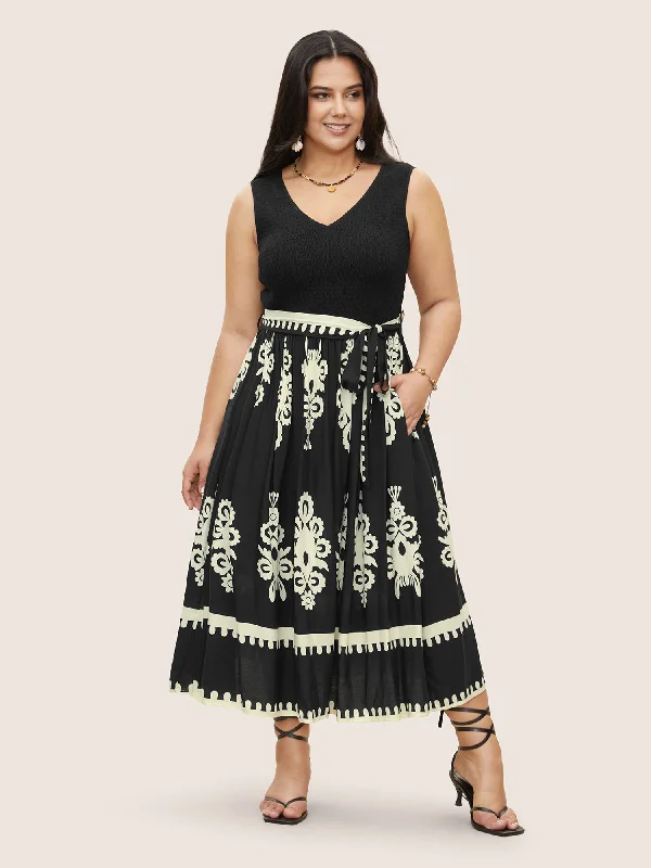 Beaded Casual Dresses for a Decorative Touch​ Rayon Boho Print Shirred Belted Dress