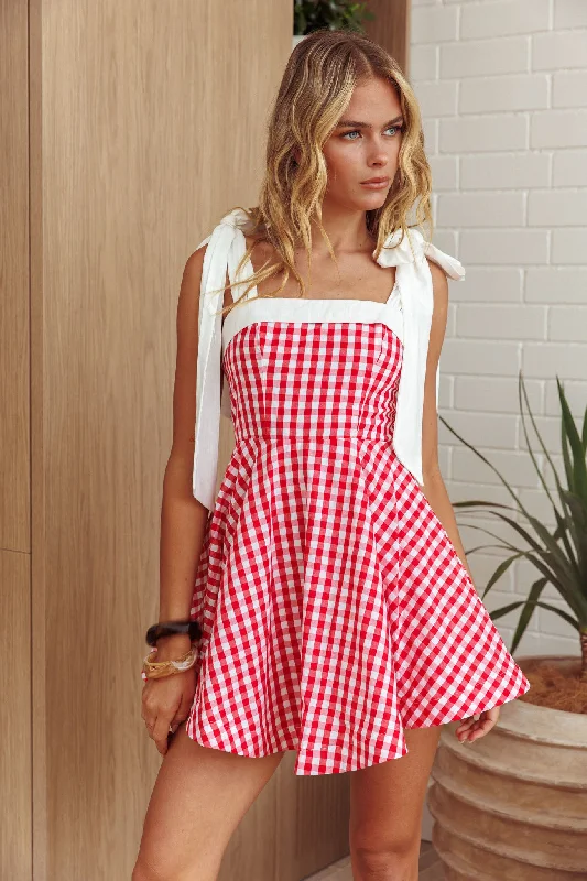 Outdoor Event Casual Dresses in Durable Fabrics Jeanie Tied Shoulder Mini Dress Gingham Red Outdoor Event Casual Dresses in Durable Fabrics Jeanie Tied Shoulder Mini Dress Gingham Red