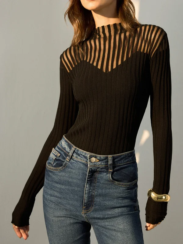 Belted Casual Dresses to Define the Waist​ Ribbed Sheer-Shoulder Knit Top