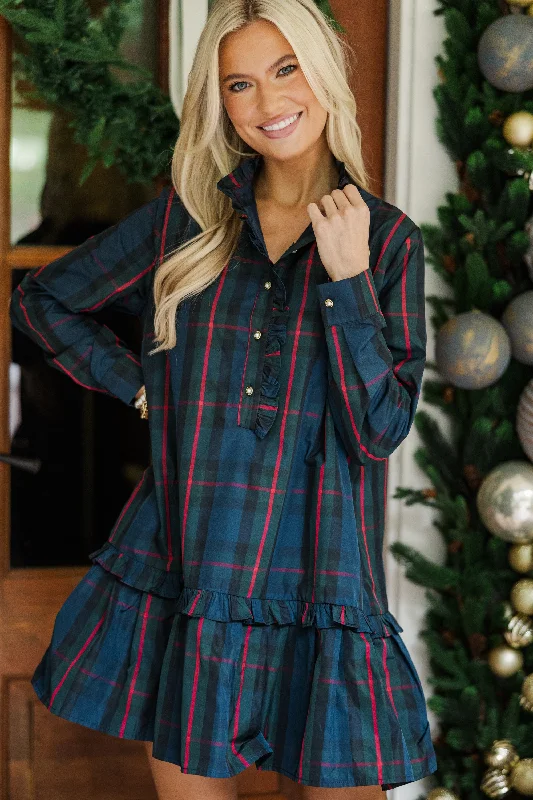 Post - Partum Casual Dresses for New Moms Looking For You Navy Plaid Babydoll Dress Post - Partum Casual Dresses for New Moms Looking For You Navy Plaid Babydoll Dress