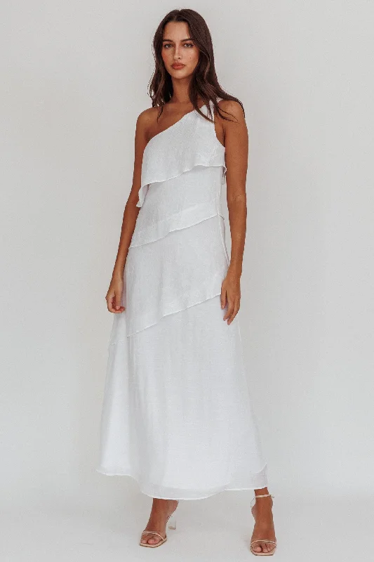 Embroidered Casual Dresses with Intricate Designs Delwyn One-Shoulder Maxi Dress White Embroidered Casual Dresses with Intricate Designs Delwyn One-Shoulder Maxi Dress White