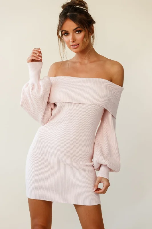 Mini dresses with criss - cross backs for a flirty look Runaway Off Shoulder Balloon Sleeve Knit Dress Pink Mini dresses with criss - cross backs for a flirty look Runaway Off Shoulder Balloon Sleeve Knit Dress Pink