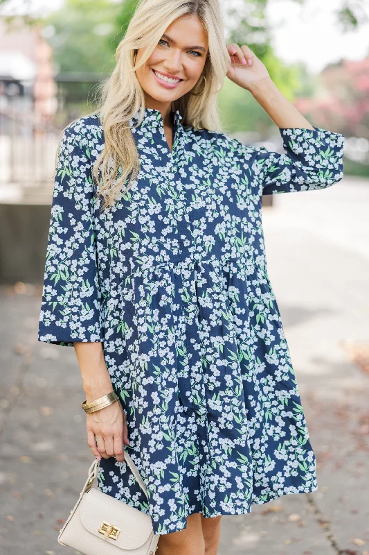 Button - Down Casual Dresses for a Classic Vibe Always The One Navy Blue Floral Shift Dress Button - Down Casual Dresses for a Classic Vibe Always The One Navy Blue Floral Shift Dress