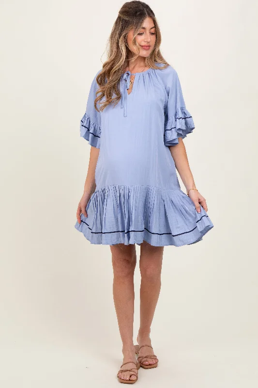 Hat - Friendly Casual Dresses for Outdoor Outfits​ Light Blue Solid Short Sleeve Pocketed Maternity Dress