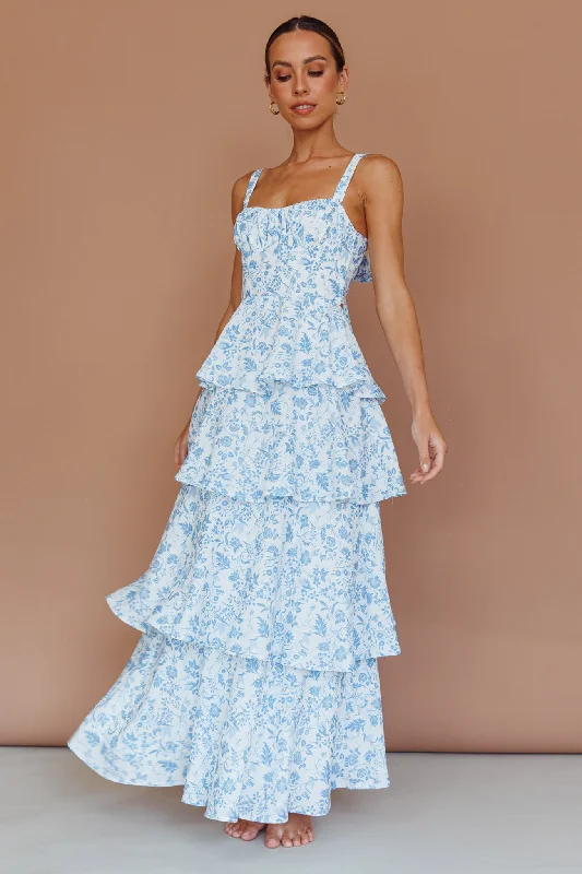Cotton - Linen Blend Casual Dresses​ Provence Bloom Tiered Midi Dress Floral Blue
