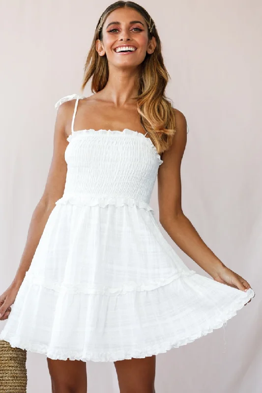 Mini dresses with beaded embellishments for a fancy event Sherry Tied Shoulder Shirred Bust Dress White Mini dresses with beaded embellishments for a fancy event Sherry Tied Shoulder Shirred Bust Dress White