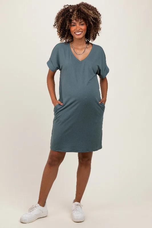 Picnic - Ready Casual Dresses in Bright Colors Jade Brushed Rolled Short Sleeve V-Neck Maternity Dress Picnic - Ready Casual Dresses in Bright Colors Jade Brushed Rolled Short Sleeve V-Neck Maternity Dress