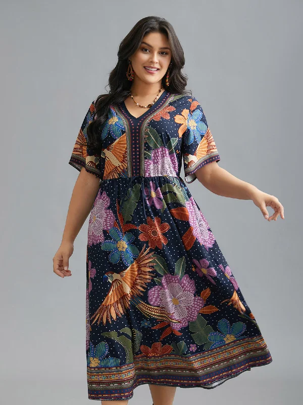 Celebrity - Inspired Casual Dresses for a Fashionable Look V Neck Multi-Color Floral Midi Dress Celebrity - Inspired Casual Dresses for a Fashionable Look V Neck Multi-Color Floral Midi Dress