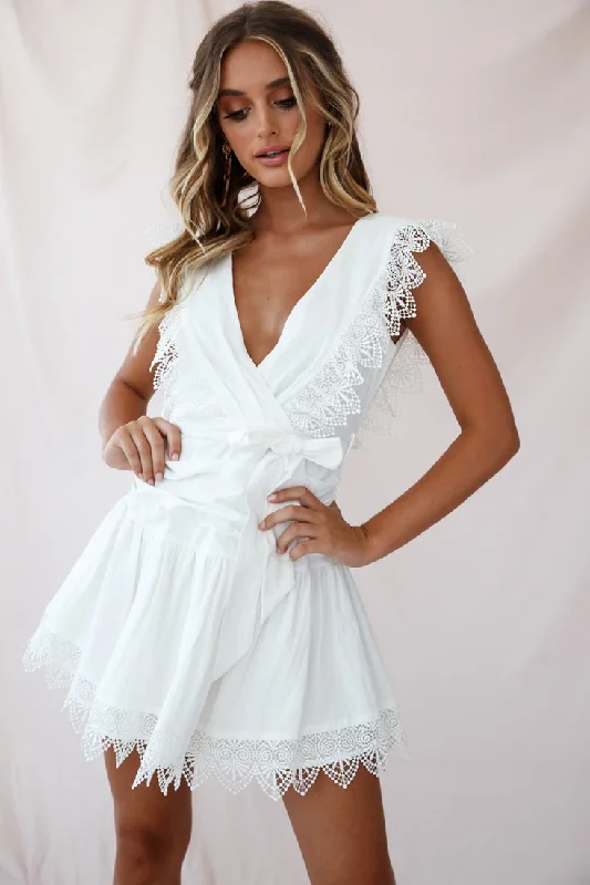 Mini dresses with cut - out details for a trendy look Juliet Gathered Detail Lace Trim Dress White Mini dresses with cut - out details for a trendy look Juliet Gathered Detail Lace Trim Dress White