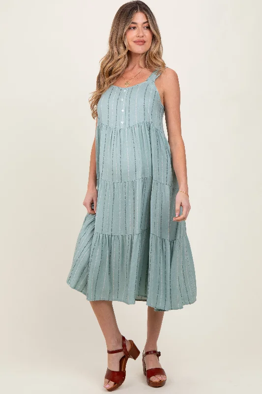 Fair Isle - Patterned Casual Dresses for a Festive Look Light Olive Dot Stripe Tiered Maternity Midi Dress Fair Isle - Patterned Casual Dresses for a Festive Look Light Olive Dot Stripe Tiered Maternity Midi Dress