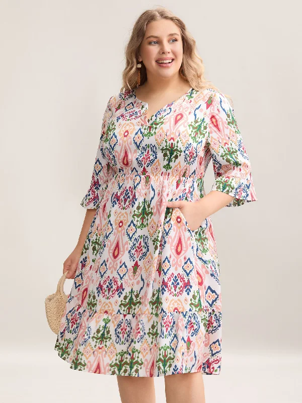 Abstract - Printed Casual Dresses for a Contemporary Vibe Geometric Color Block Split Neck Midi Dress Abstract - Printed Casual Dresses for a Contemporary Vibe Geometric Color Block Split Neck Midi Dress