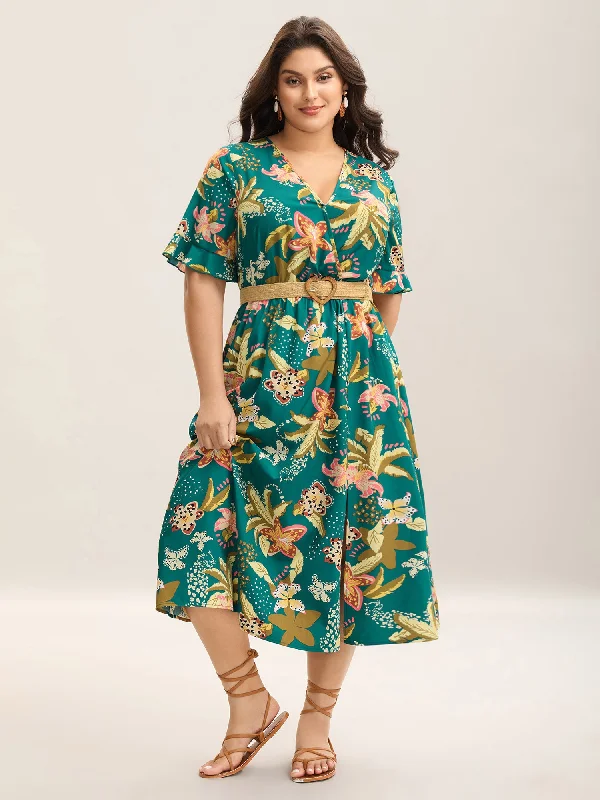 Travel - Friendly Casual Dresses for Comfort on the Go Tropical Floral Print Pockets Flowy Midi Dress Travel - Friendly Casual Dresses for Comfort on the Go Tropical Floral Print Pockets Flowy Midi Dress