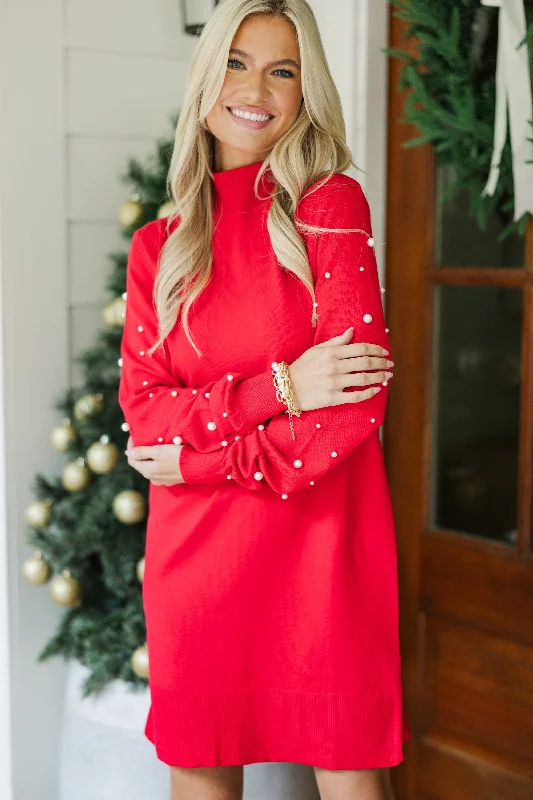 Sun - Protective Casual Dresses for Outdoor Activities All The Love Red Embellished Sweater Dress Sun - Protective Casual Dresses for Outdoor Activities All The Love Red Embellished Sweater Dress