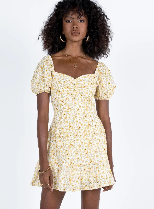 Mini dresses with ribbed textures for a unique appearance Kaori Mini Dress Yellow Floral Mini dresses with ribbed textures for a unique appearance Kaori Mini Dress Yellow Floral