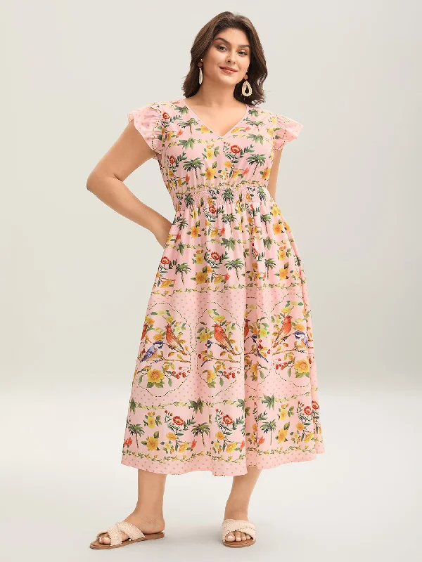 Organic Cotton Casual Dresses for a Natural Choice Tropical Print Shirred Waist Flutter Maxi Dress Organic Cotton Casual Dresses for a Natural Choice Tropical Print Shirred Waist Flutter Maxi Dress