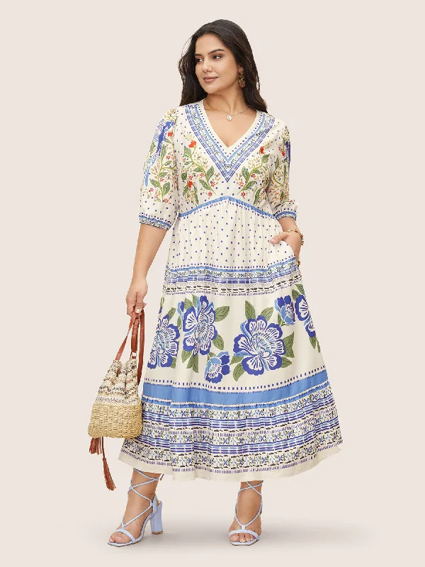 Quick - Dry Casual Dresses for Travel and Outdoor Use V Neck Floral Print Elastic Waist Lantern Sleeve Dress Quick - Dry Casual Dresses for Travel and Outdoor Use V Neck Floral Print Elastic Waist Lantern Sleeve Dress