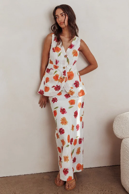 Solid Color Casual Dresses in Earth Tones​ Philomena Maxi Skirt Floral Orange Multi