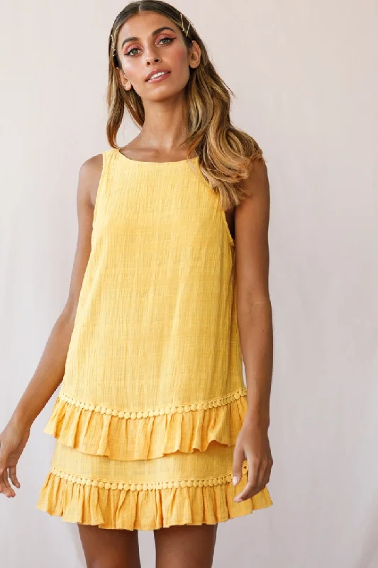 Mini dresses with ribbed textures for a unique appearance Candice Tiered Frill Hem Scooped Back Dress Yellow Mini dresses with ribbed textures for a unique appearance Candice Tiered Frill Hem Scooped Back Dress Yellow