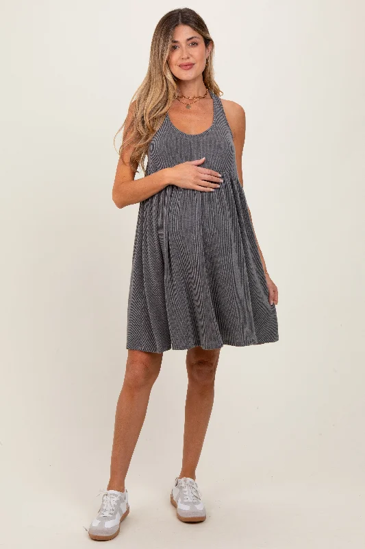 Fair Isle - Patterned Casual Dresses for a Festive Look​ Charcoal Ribbed Sleeveless Open Back Maternity Midi Dress