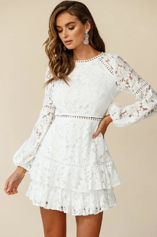 Mini dresses with bow accents for a sweet look Henrietta Lace Overlay Long Sleeve Ruffle Dress White Mini dresses with bow accents for a sweet look Henrietta Lace Overlay Long Sleeve Ruffle Dress White