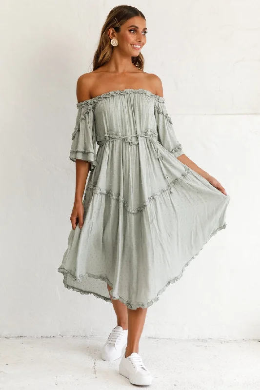 Mini dresses with cut - out details for a trendy look Renoir Off-Shoulder Frill Trim Midi Dress Olive Mini dresses with cut - out details for a trendy look Renoir Off-Shoulder Frill Trim Midi Dress Olive