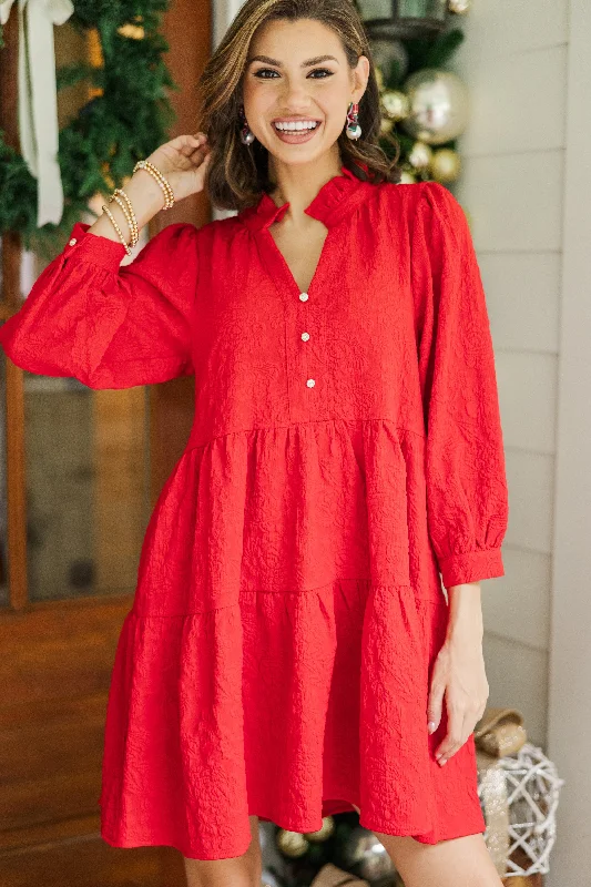 Winter - Warm Casual Dresses with Lined Fabrics All Up To You Red Floral Textured Dress Winter - Warm Casual Dresses with Lined Fabrics All Up To You Red Floral Textured Dress