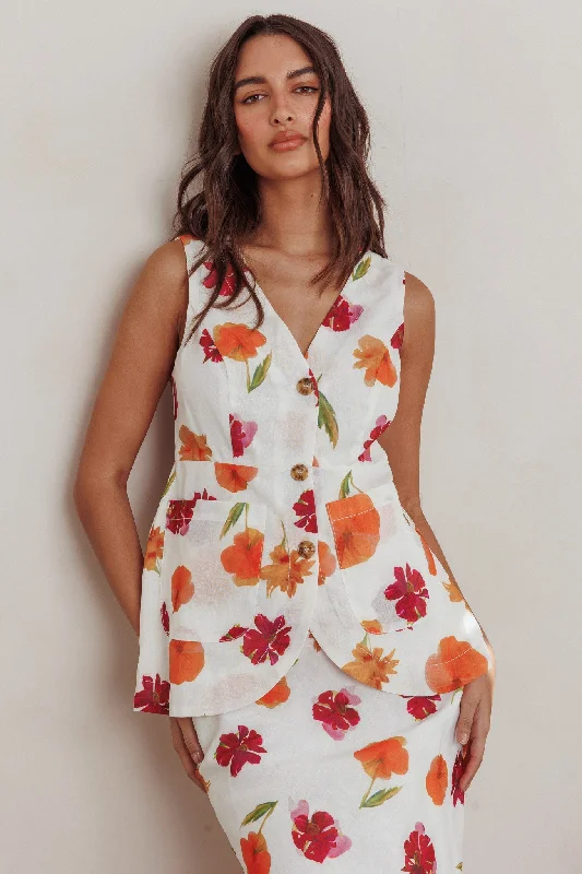 Smocked Waist Casual Dresses for Comfort Philomena Button Front Pocket Vest Top Floral Orange Multi Smocked Waist Casual Dresses for Comfort Philomena Button Front Pocket Vest Top Floral Orange Multi