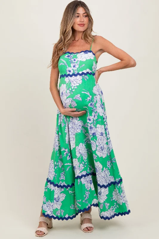 Jewelry - Complementary Casual Dresses for a Complete Look​ Mint Green Floral Wavy Trim Maternity Maxi Dress