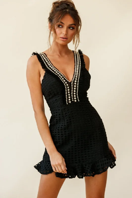 Mini dresses with spaghetti straps for a delicate look Argyle Bead & Fringe Trim Ruffle Hem Dress Black