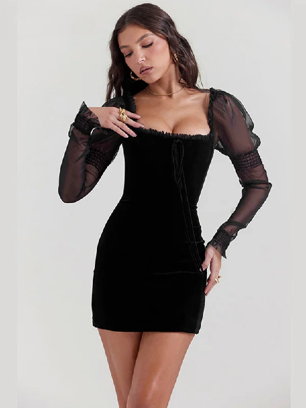 Mini dresses with criss - cross backs for a flirty look Gothic Wooden Ear Edge Wrap Hip Mesh Long Sleeve Square Neck Ruched Bodycon Mini Dress Mini dresses with criss - cross backs for a flirty look Gothic Wooden Ear Edge Wrap Hip Mesh Long Sleeve Square Neck Ruched Bodycon Mini Dress