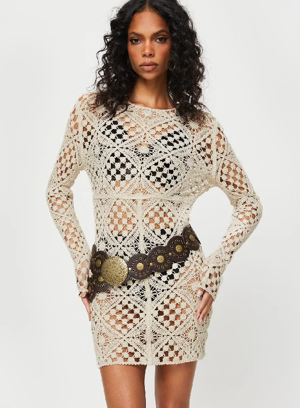 Sheer mini dresses with lace inserts Atzaro Crochet Mini Dress Almond