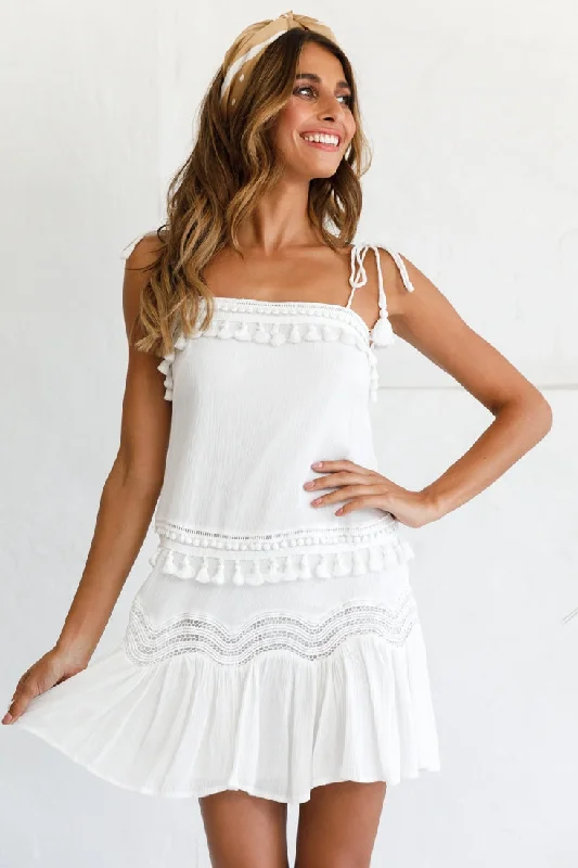 Mini dresses with empire waists for a flattering fit Ophira Dropped Waist Tassel Trim Shift Dress White Mini dresses with empire waists for a flattering fit Ophira Dropped Waist Tassel Trim Shift Dress White