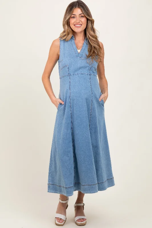 Dry - Clean - Only Casual Dresses for Delicate Fabrics Light Blue Wash Collared Denim Flare Maternity Midi Dress Dry - Clean - Only Casual Dresses for Delicate Fabrics Light Blue Wash Collared Denim Flare Maternity Midi Dress