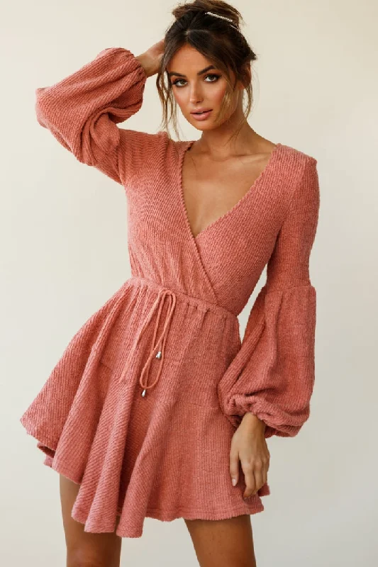 Mini dresses with tiered skirts for added volume Annalise Long Sleeve Drawstring Knit Dress Rose Mini dresses with tiered skirts for added volume Annalise Long Sleeve Drawstring Knit Dress Rose