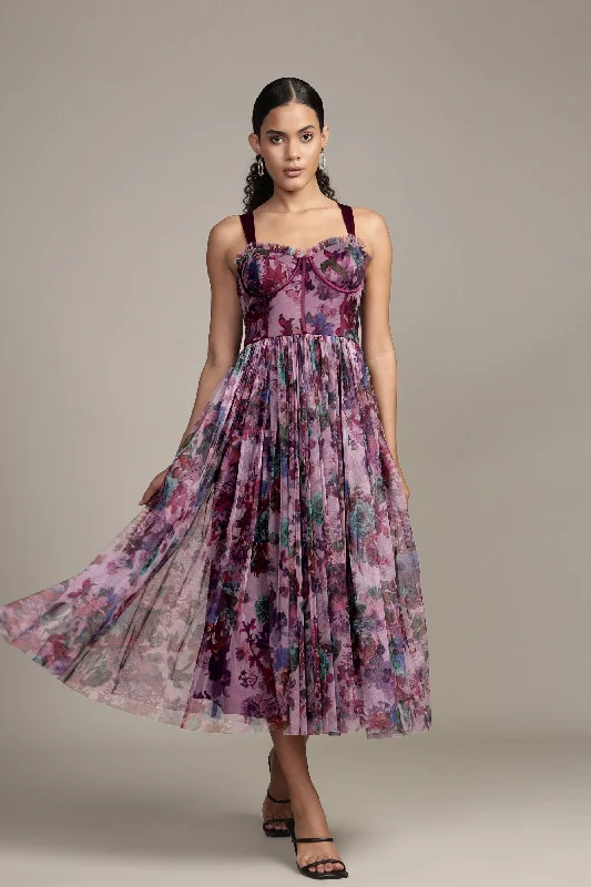 Summer - Appropriate Casual Dresses in Lightweight Materials Dane Purple Print Corset Midi Dress Summer - Appropriate Casual Dresses in Lightweight Materials Dane Purple Print Corset Midi Dress