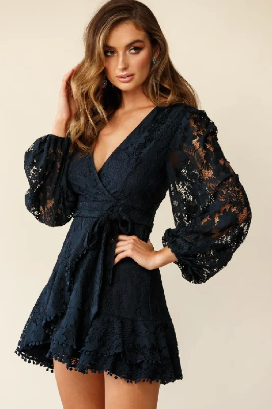 Mini dresses with ruched bodices for a feminine touch Cami Balloon Sleeve Faux Wrap Dress Lace Navy Mini dresses with ruched bodices for a feminine touch Cami Balloon Sleeve Faux Wrap Dress Lace Navy