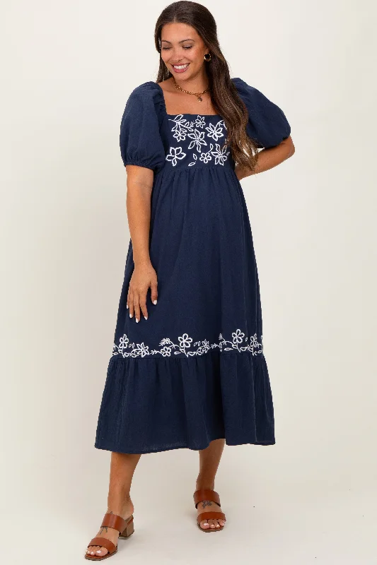 Beach Casual Dresses with a Breezy Design Navy Embroidered Floral Square Neck Maternity Maxi Dress Beach Casual Dresses with a Breezy Design Navy Embroidered Floral Square Neck Maternity Maxi Dress