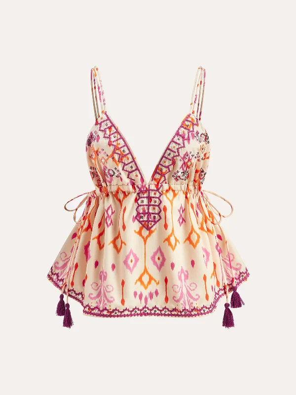 Tie - Waist Casual Dresses for Adjustable Fit​ Embroidered Boho Tassel Tie Cami Top