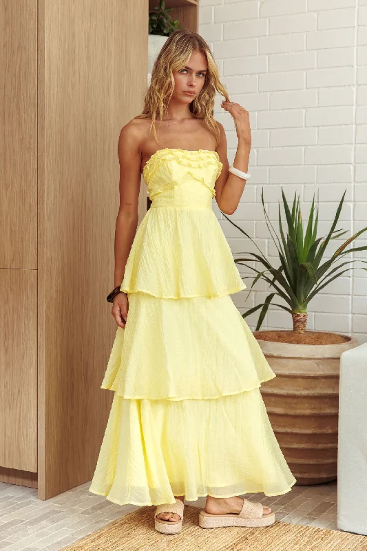Non - Slip Casual Dresses with Adjustable Straps Top It Off Strapless Frill Trim Maxi Dress Butter Non - Slip Casual Dresses with Adjustable Straps Top It Off Strapless Frill Trim Maxi Dress Butter
