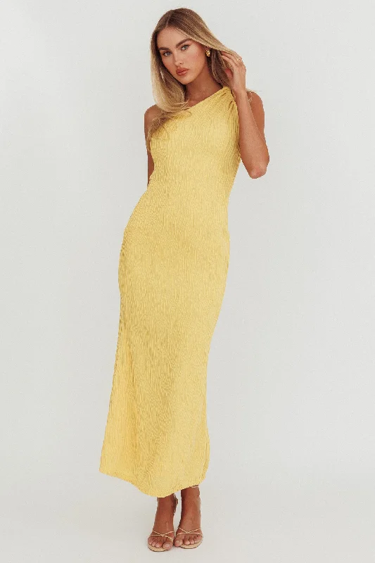 Pleated Casual Dresses for a Structured Look Lingering Love One-Shoulder Twist Midi Dress Lemon Pleated Casual Dresses for a Structured Look Lingering Love One-Shoulder Twist Midi Dress Lemon