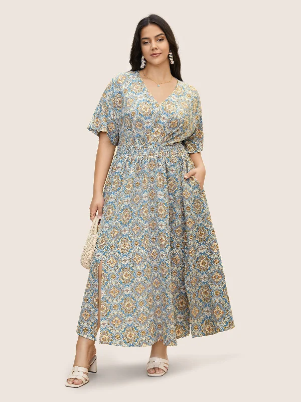 Smocked Waist Casual Dresses for Comfort​ Boho Print Shirred Pleated Maxi Dress