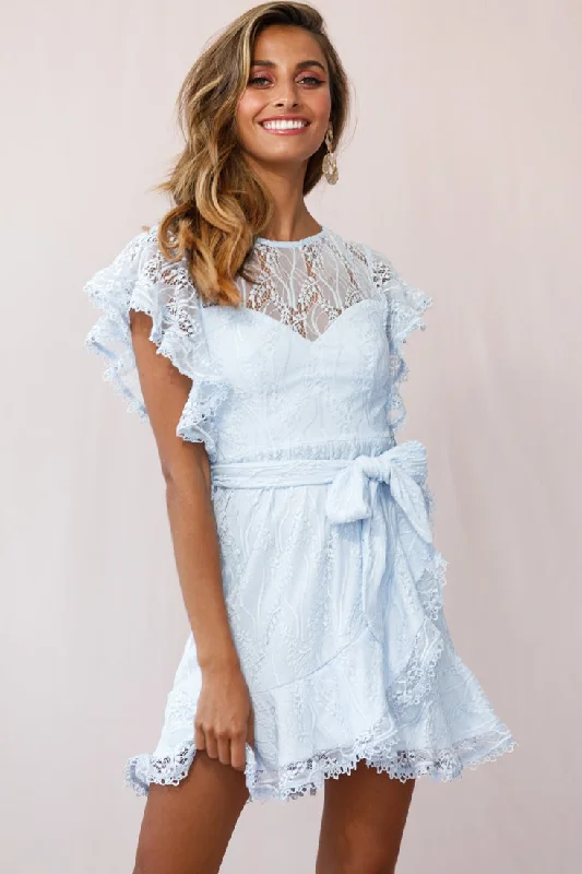 Mini dresses with side slits for a sexy appeal Taya Ruffle Shoulder Waist Tie Dress Steel Blue Mini dresses with side slits for a sexy appeal Taya Ruffle Shoulder Waist Tie Dress Steel Blue