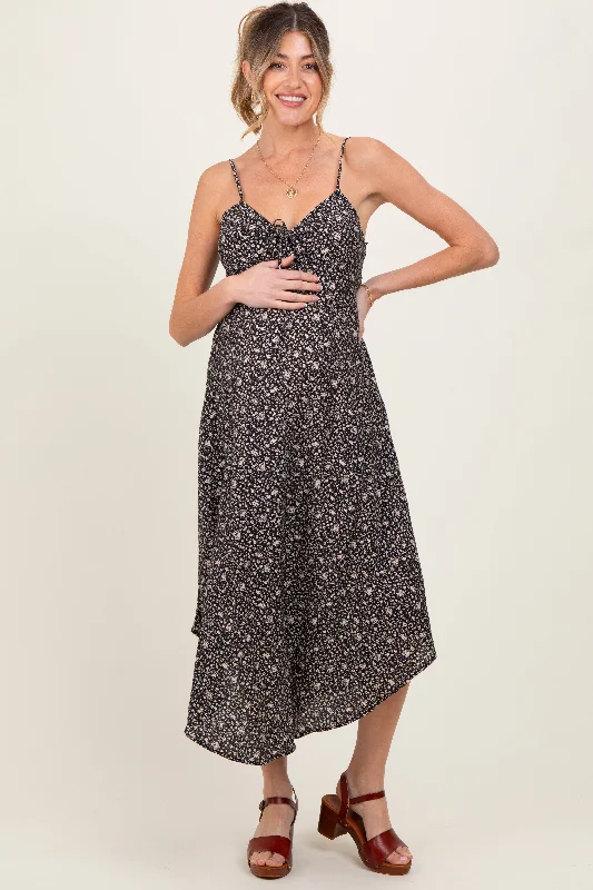 A - Line Casual Dresses for a Flattering Silhouette Black Floral Cinched Front Tie Maternity Midi Dress A - Line Casual Dresses for a Flattering Silhouette Black Floral Cinched Front Tie Maternity Midi Dress