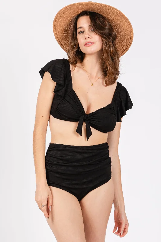 Retro - high - cut bikini briefs for a vintage charm Black Ribbed Ruffle Shoulder Front Tie High Waist Two-Piece Swimsuit Retro - high - cut bikini briefs for a vintage charm Black Ribbed Ruffle Shoulder Front Tie High Waist Two-Piece Swimsuit